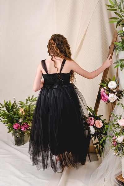Mnk Girl's Satin Evening Dress with Back and Tulle Mnk0340 Black