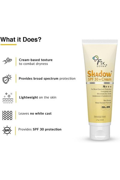 FixDerma Shadow Sunscreen SPF 30+ PA+++ Cream|Broad Spectrum Sunscreen for UV-A & B Protection 75gm