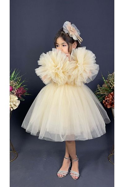 Mnk Baby&Kids Chiffon Robe Pompom Sleeve Sequined Girl's Crinoline Skirt Tutu Evening Dress Ecru