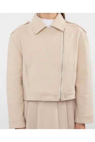 NEVEGE BUTİK Women's Bottom Belt Cross Zip Cutter Crop Jacket-Black