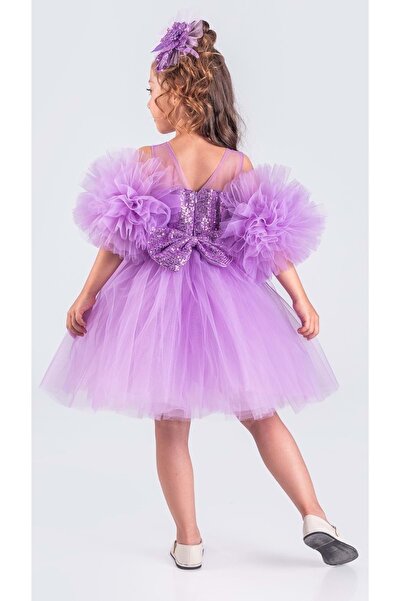 Mnk Baby&Kids Şifon Robalı Ponpon Kol Pul Payetli Kız Çocuk Kabarık Etek Tütülü Abiye LİLA