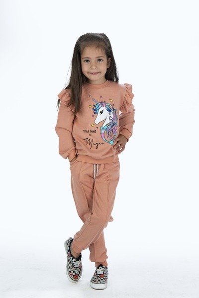 Mnk Baby&Kids Kız Çocuk Atlı 2iplik Kumaş Eşofman Takımı MNK0427 KOYU SOMON