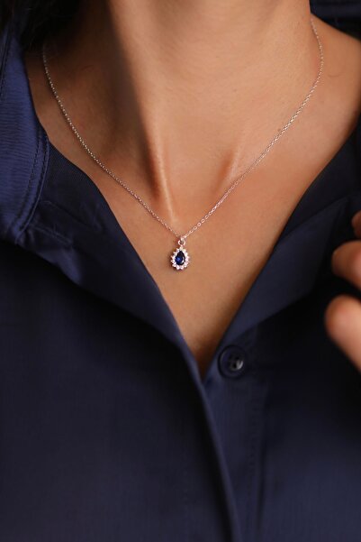 Kiriş Gümüş 925 Ayar Gümüş Lacivert Taşlı Damla Modeli Kadın Kolye (40+5CM)