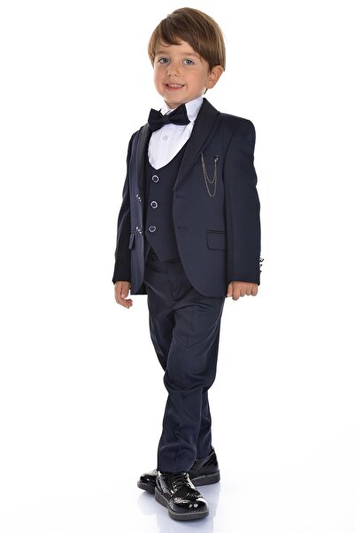 Mnk Ceketli Yelekli Erkek Çocuk Damatlık Takım Elbise MNK0274 LACİVERT