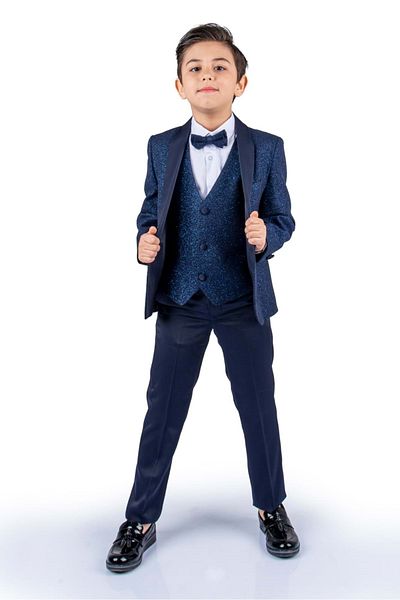 Mnk Baby&Kids Boy's Navy Blue Groom Suit - Glitter Jacket and Vest Mnk0501