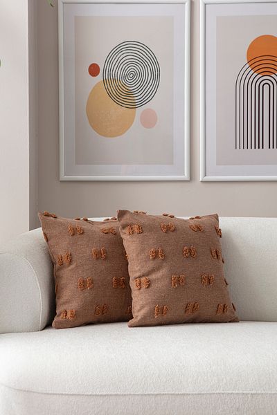 BUGİ HOME COLLECTİON Декоративна калъфка за възглавница от лен 43x43 см - с двойна бродерия и папионка