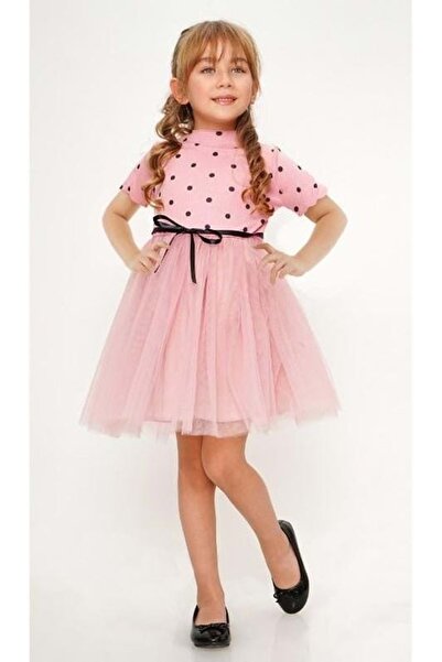 Mnk Baby&Kids فستان توتو يومي للفتيات بأكمام قصيرة منقطة MNK0504 وردي غامق