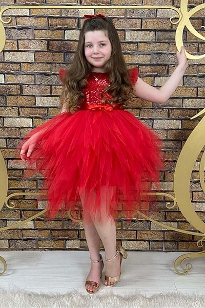 Mnk Sequin Sequined Girl's Dress Red with Zigzag Tulle Skirt