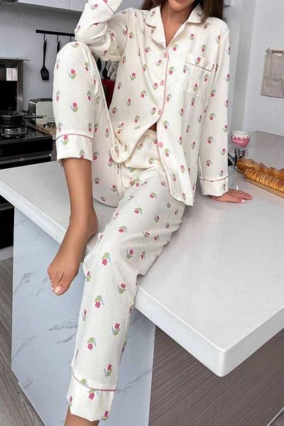 PEMBİŞ HOMEWEAR Σετ πιτζάμες Crinkle πουκάμισο γιακά Beautiful Roses