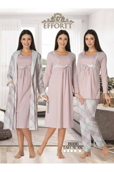 Effortt طقم بيجامات نوم للأمهات منقوشة مكون من 4 قطع مع ثوب صباحي Pinnak Primum