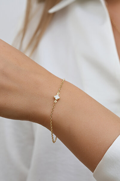 Altınkesesi 14 Ayar Altın Beyaz Yoncalı Bileklik