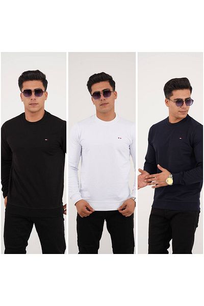 Est Estola Men's Basic Crew Neck Relaxed 2 Thread Sweatshirt Set of 3 Black White Navy Blue