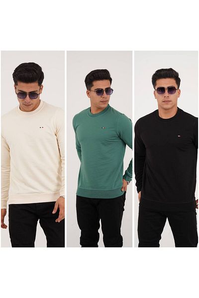 Est Estola Hanorac pentru bărbați cu gât crew - 2 fire, set de 3, negru Ecru Çağla
