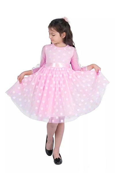 Mnk Baby&Kids Rochie pentru fetiță din țesătură din dantelă roz - buline mari, cataramă Mnk0547