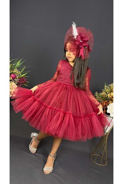 Mnk Baby&Kids Rochie de seară vintage bordeaux - mânecă lungă, cataramă siret, Mnk0472