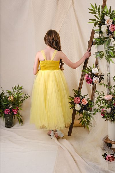Mnk Back Guiped Tulle Girl's Satin Evening Dress Mnk0340 Yellow