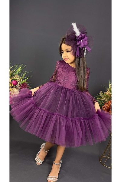 Mnk Baby&Kids Rochie de seară vintage mov - mânecă lungă, cataramă siret, Mnk0472