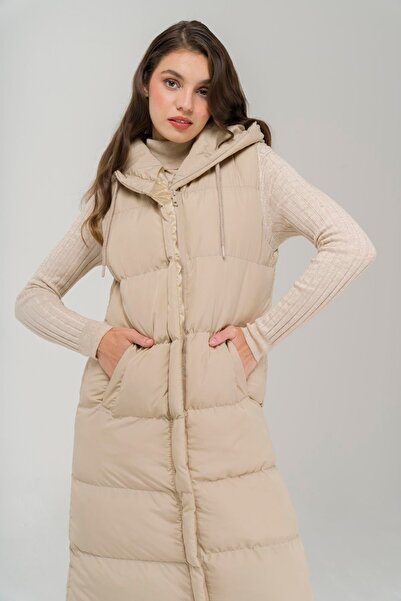 Olcay Dlouhá péřová vesta s kapucí a zapínáním na zip TAŞ 8224
