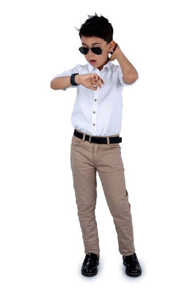 Mnk Baby&Kids Tarz Gömlek Gabardin Pantolon Erkek Çocuk Takım MNK0422 BEYAZ - BEJ