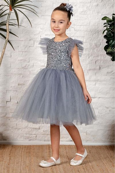 Mnk Baby&Kids Φόρεμα για κορίτσι σε γκρι τούλι - Kpl Mnk0526
