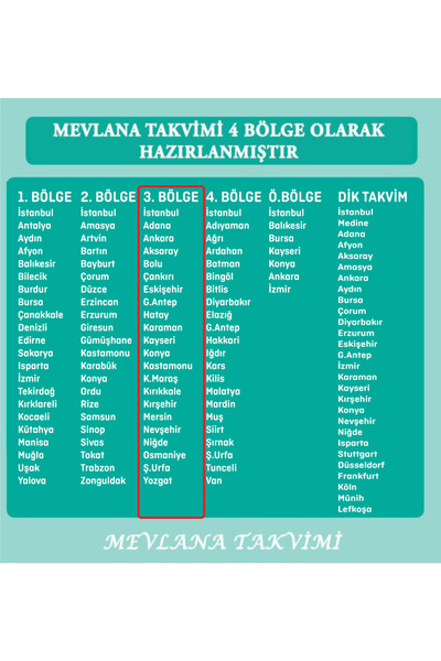 Mevlana Yapraklı Blok Duvar Takvimi 3. Bölge 2026