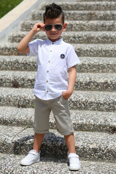 Mnk Baby&Kids Linen Shirt Woven Trousers Belted Boys' Suit Mnk4306 White