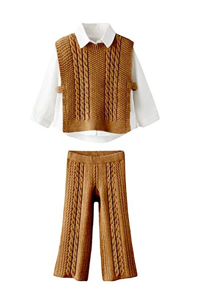Minigimin Cicileri Brown My Mini's Knitwear Set - Striped, Shirt and Tie-Up 3...