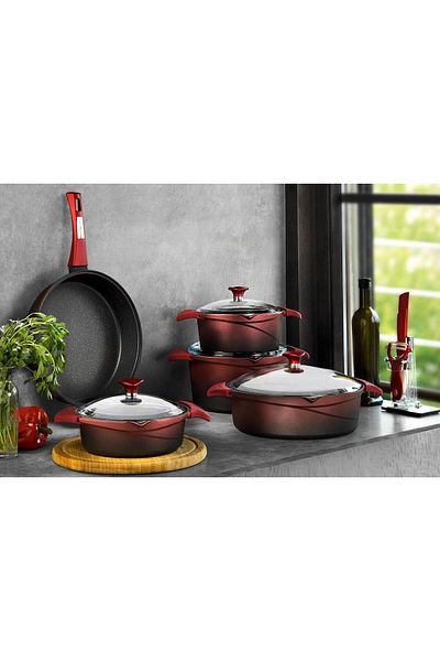 Aryıldız Flipper Granite 9 Piece Red-Black Cookware Set