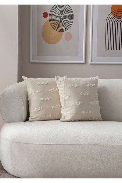 BUGİ HOME COLLECTİON Rake Patterned Double Punch Embroidered Linen Throw Pillow Cover 43X43Cm, Decorative Throw Pillow Cover