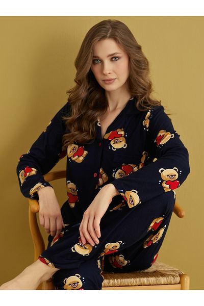 bie's Set de pijamale de iarnă cu mânecă lungă, guler cămașă, cu nasturi în față, din satin, cu buzunare la piept