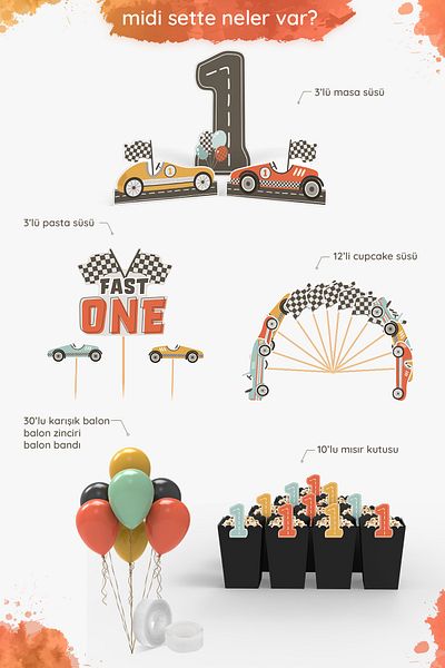 Hey Parti Σετ για πάρτι γενεθλίων Fast One 1 Year Old - Θέμα ρετρό αυτοκινήτου, Midi Concept με τρόλεϊ