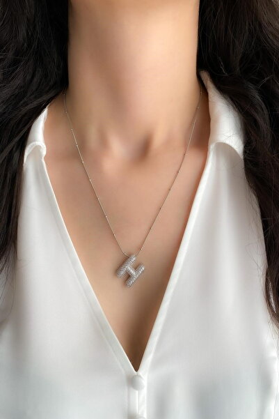 DEMOKAN Kadın Çelik Kolye Zirkon Taş Balon Harf Kolye