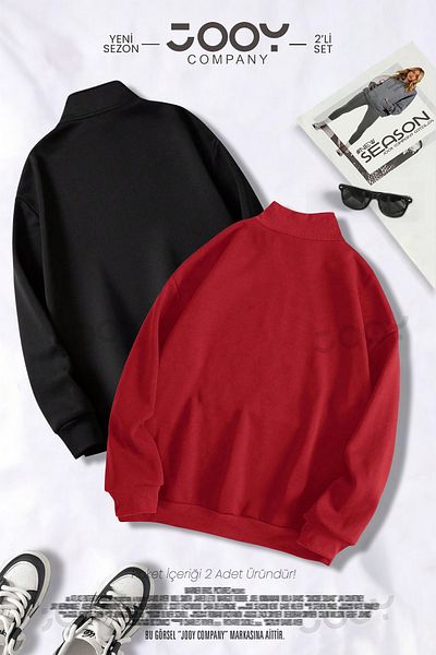 Jooy Company Star Printed Half Zipper Sweatshirt Red - Black 2-Piece Campaign Set