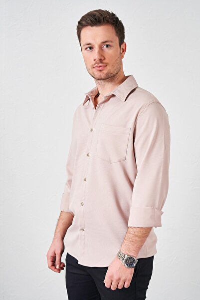 TENA Men's Stone Long Sleeve Single Pocket Lacoste Fabric Shirt