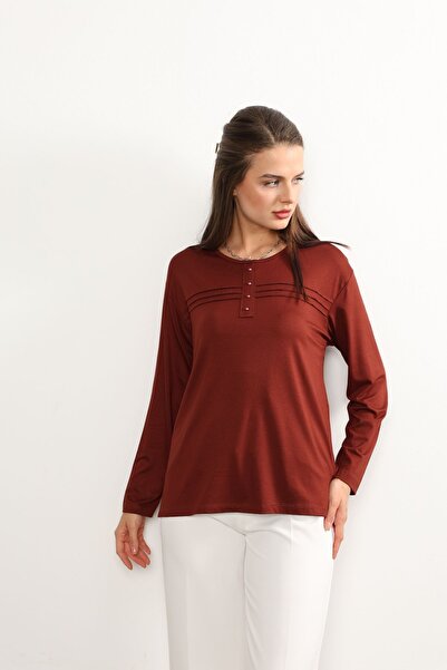 Nacar Moda بلوزة نسائية من القطن الممشط مخططة بلون الطوب في منتصف العمر وما ف...