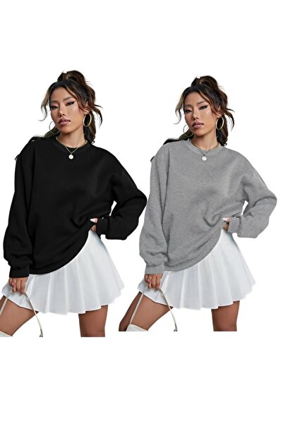 DAXİS Sportwear Company Πακέτο με 2 Γυναικεία Φούτερ σε Γκρι - Μαύρο Crew Neck