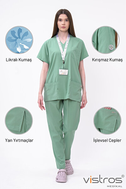 Vistros Medikal Unisex Çağla Yeşili Doktor Hemşire Forması Medikal Forma Cerr...