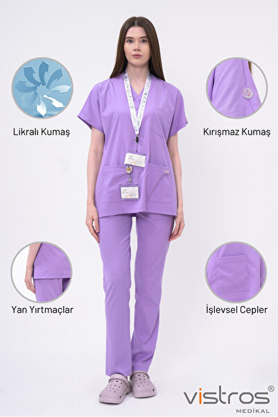 Vistros Medikal V Yaka Detaylı Unisex Lila Medikal Doktor Hemşire Forması Cer...