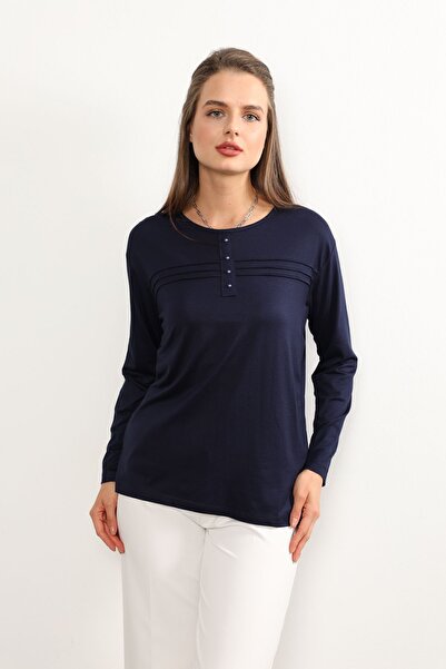 Nacar Moda New Season Navy Blue ριγέ Lycra Μητρική Μπλούζα Plus Size - Λεπτομ...