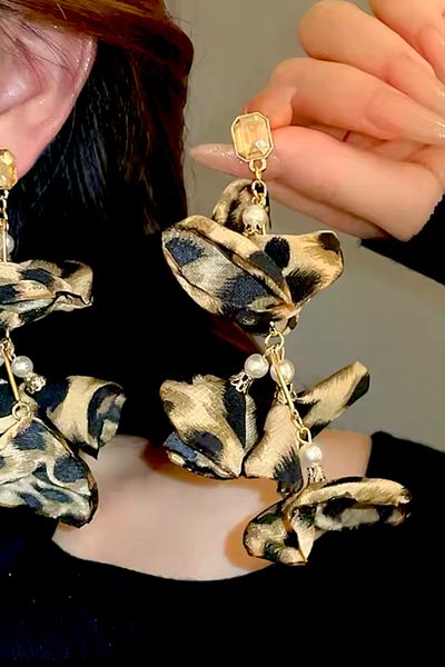PETEK AKSESUAR 14cm Long Fabric Leopard Print Earrings