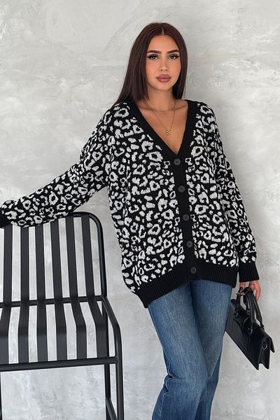 FEMELLE Cardigan de damă, negru, mărime standard, cu model leopard, tricotaj supradimensionat