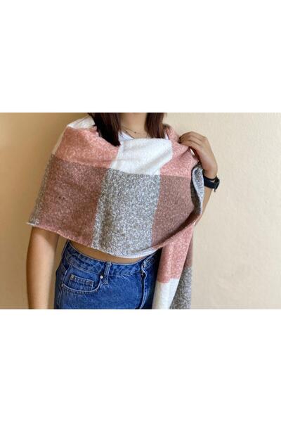 sema aksesuar Γυναικείο χειμωνιάτικο ροζ αποξηραμένο τριαντάφυλλο κρεμ καρό κασκόλ - Δώρο για την Ημέρα του Δασκάλου