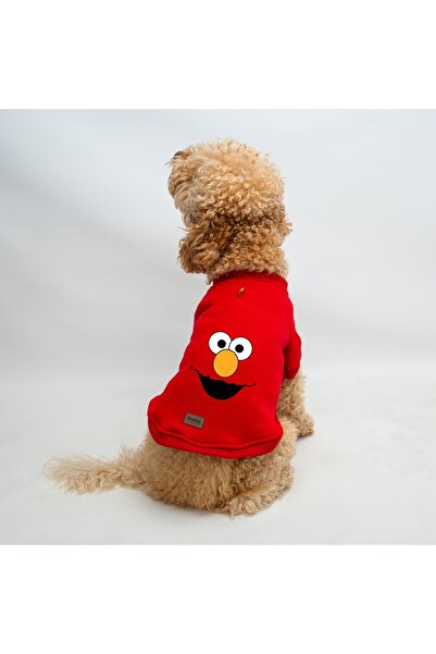 Buddy Store Kedi Ve Köpek Kıyafeti - Elmo Baskılı Kırmızı Tasma Delikli Kapüş...