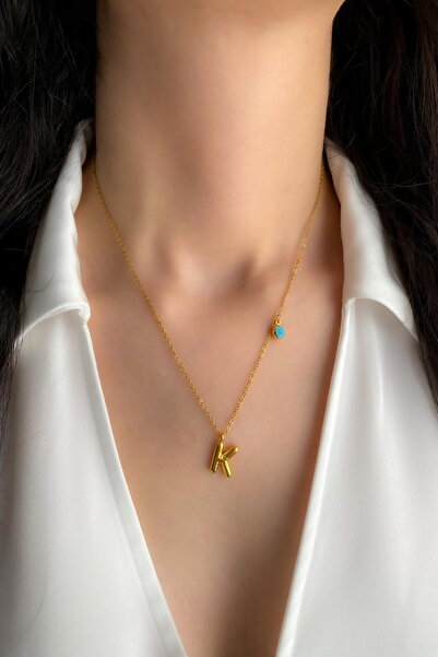 DEMOKAN Kadın Çelik Kolye Nazar Boncuk Küçük Harf Kolye