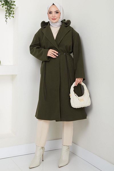hafsamina Παλτό Khaki Stamp - Κουκούλα και κορδόνι στη μέση HM2604