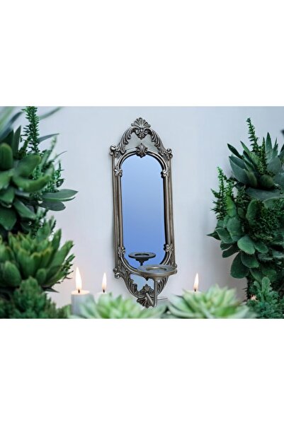 Peramari Dekoratif Polyester Tekli Niş Dikdörtgen Aynalı Mumluk Takımı Gümüş Sade