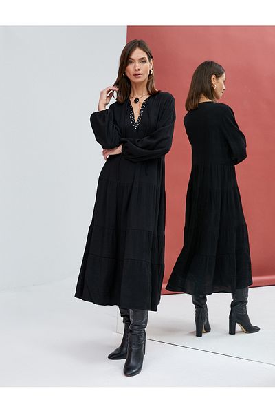 Koton Long Dress Balloon Sleeves Flounce Shiny Stone Tie Detail