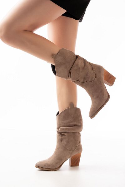 serkanseyyid LS-1860 Mink Suede Bellows Καθημερινές Γυναικείες Μπότες με Χοντρό Τακούνι
