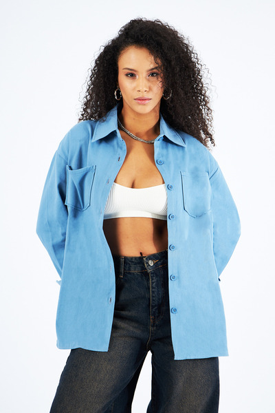 nikka Women's Light Blue Oversize Gabardine Shirt Jacket with Pockets