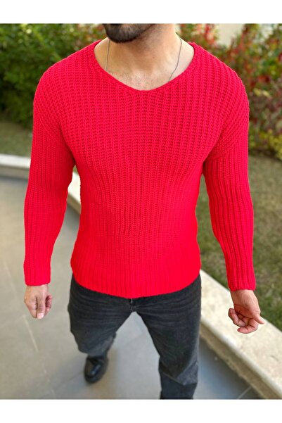 elkumoda Sweater Oversize Knitwear Loose Fitting V Wide Neck Loose Cotton Pul...